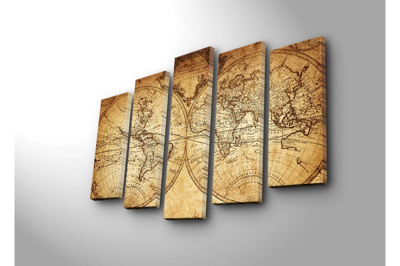Stort lerretsbilde i 5 deler 105x70 cm - Antikt verdenskart med detaljerte konturer og geografiske navn - Beige / Brun - Innredning - Bilder & kunst - Lerretsbilder
