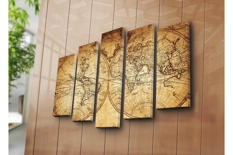 Stort lerretsbilde i 5 deler 105x70 cm - Antikt verdenskart med detaljerte konturer og geografiske navn - Beige / Brun - Innredning - Bilder & kunst - Lerretsbilder