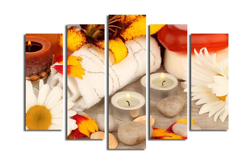 Stort lerretsbilde i 5 deler 105x70 cm - Avslappende spa-miljø med blomster og stearinlys - Gul / Hvit / Brun - Innredning - Bilder & kunst - Lerretsbilder