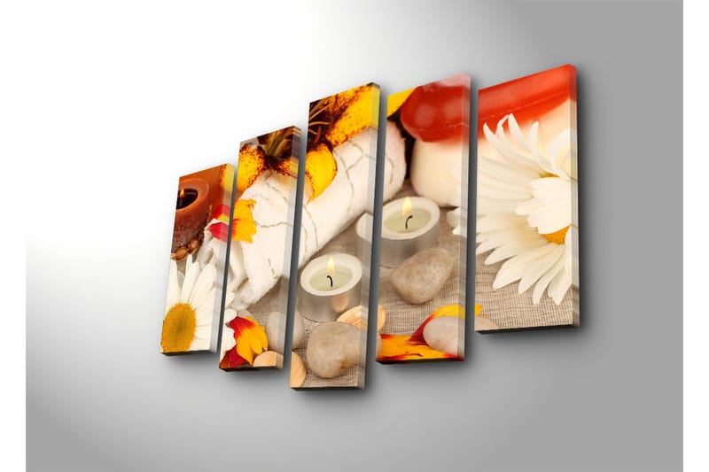 Stort lerretsbilde i 5 deler 105x70 cm - Avslappende spa-miljø med blomster og stearinlys - Gul / Hvit / Brun - Innredning - Bilder & kunst - Lerretsbilder