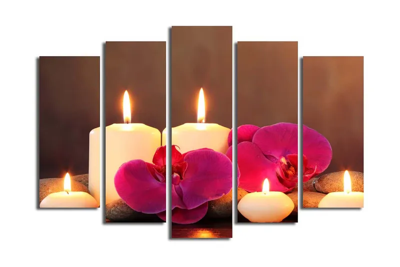 Stort lerretsbilde i 5 deler 105x70 cm - Beroligende komposisjon med tente lys og orkideer - Hvit / Rosa / Grå - Innredning - Bilder & kunst - Lerretsbilder