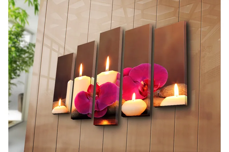 Stort lerretsbilde i 5 deler 105x70 cm - Beroligende komposisjon med tente lys og orkideer - Hvit / Rosa / Grå - Innredning - Bilder & kunst - Lerretsbilder