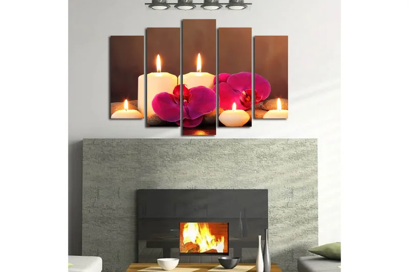 Stort lerretsbilde i 5 deler 105x70 cm - Beroligende komposisjon med tente lys og orkideer - Hvit / Rosa / Grå - Innredning - Bilder & kunst - Lerretsbilder