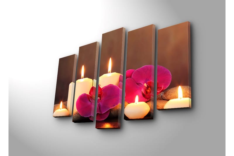 Stort lerretsbilde i 5 deler 105x70 cm - Beroligende komposisjon med tente lys og orkideer - Hvit / Rosa / Grå - Innredning - Bilder & kunst - Lerretsbilder