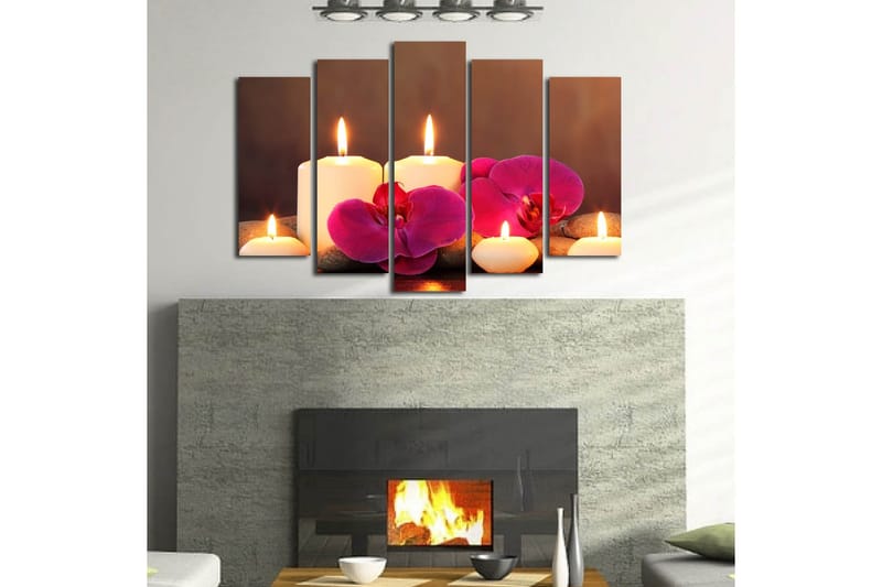 Stort lerretsbilde i 5 deler 105x70 cm - Beroligende komposisjon med tente lys og orkideer - Hvit / Rosa / Grå - Innredning - Bilder & kunst - Lerretsbilder