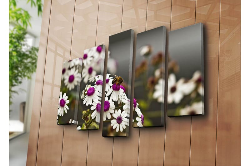 Stort lerretsbilde i 5 deler 105x70 cm - Blomster med lilla midtpunkt og en bie som samler nektar - Hvit / Lilla - Innredning - Bilder & kunst - Lerretsbilder