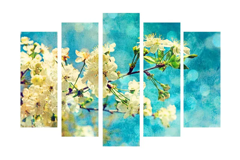 Stort lerretsbilde i 5 deler 105x70 cm - Blomstrende kirsebærgrener mot en blå bakgrunn - Hvit / Blå / Grønn - Innredning - Bilder & kunst - Lerretsbilder