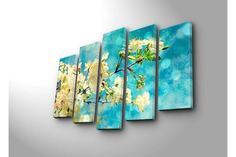 Stort lerretsbilde i 5 deler 105x70 cm - Blomstrende kirsebærgrener mot en blå bakgrunn - Hvit / Blå / Grønn - Innredning - Bilder & kunst - Lerretsbilder