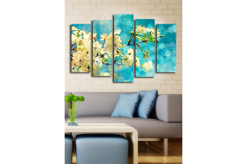 Stort lerretsbilde i 5 deler 105x70 cm - Blomstrende kirsebærgrener mot en blå bakgrunn - Hvit / Blå / Grønn - Innredning - Bilder & kunst - Lerretsbilder