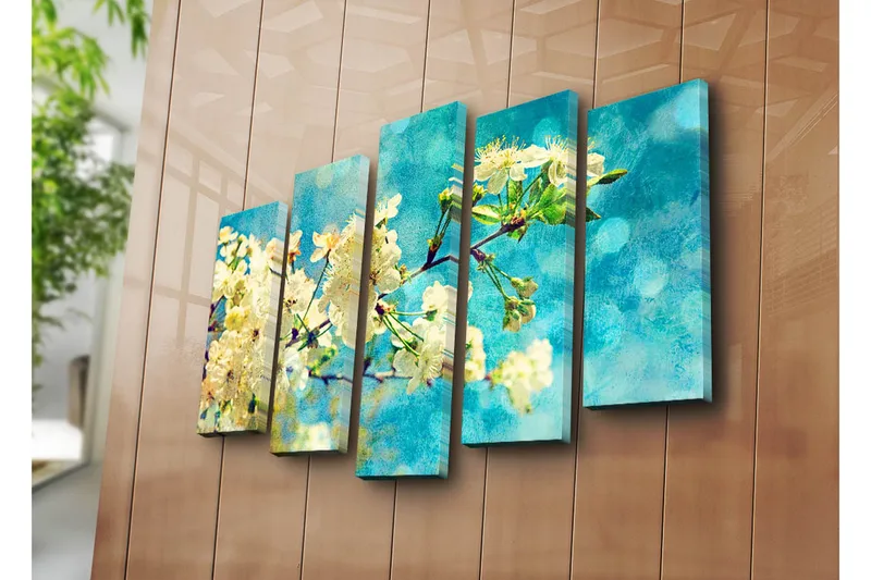 Stort lerretsbilde i 5 deler 105x70 cm - Blomstrende kirsebærgrener mot en blå bakgrunn - Hvit / Blå / Grønn - Innredning - Bilder & kunst - Lerretsbilder