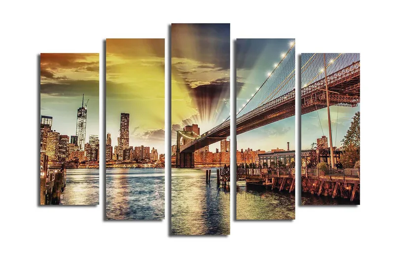 Stort lerretsbilde i 5 deler 105x70 cm - Bysilhuett med Brooklyn Bridge i solnedgangens lys - Gull / Blå / Grønn - Innredning - Bilder & kunst - Lerretsbilder