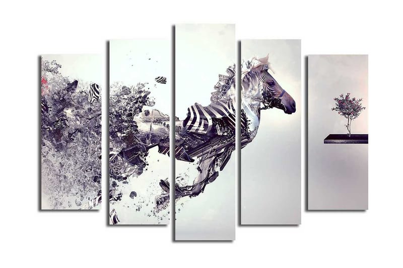 Stort lerretsbilde i 5 deler 105x70 cm - Dynamisk hest i bevegelse med fragmentert struktur - Grå / Svart / Hvit - Innredning - Bilder & kunst - Lerretsbilder