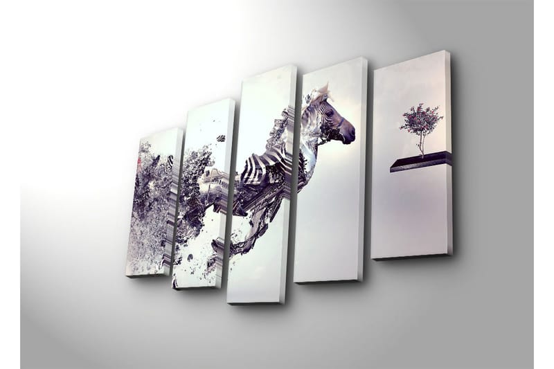 Stort lerretsbilde i 5 deler 105x70 cm - Dynamisk hest i bevegelse med fragmentert struktur - Grå / Svart / Hvit - Innredning - Bilder & kunst - Lerretsbilder