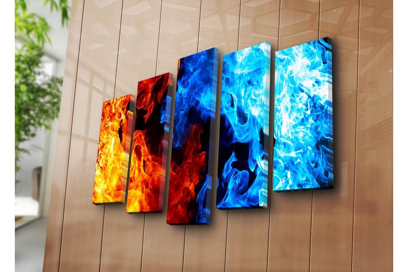 Stort lerretsbilde i 5 deler 105x70 cm - Dynamisk komposisjon av ild og vann i abstrakt form - Oransje / Blå / Rød - Innredning - Bilder & kunst - Lerretsbilder