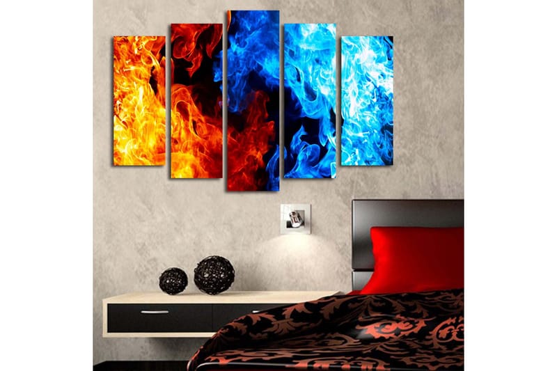 Stort lerretsbilde i 5 deler 105x70 cm - Dynamisk komposisjon av ild og vann i abstrakt form - Oransje / Blå / Rød - Innredning - Bilder & kunst - Lerretsbilder