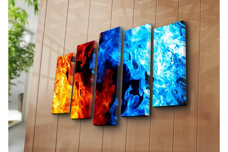 Stort lerretsbilde i 5 deler 105x70 cm - Dynamisk komposisjon av ild og vann i abstrakt form - Oransje / Blå / Rød - Innredning - Bilder & kunst - Lerretsbilder