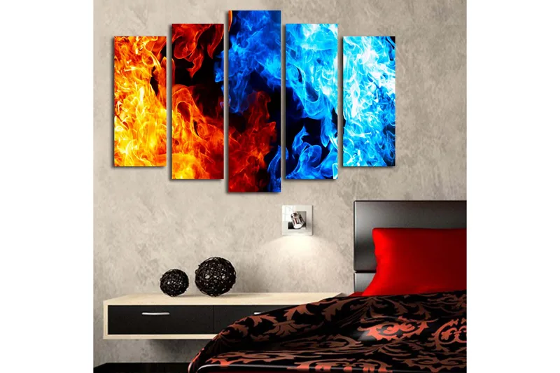 Stort lerretsbilde i 5 deler 105x70 cm - Dynamisk komposisjon av ild og vann i abstrakt form - Oransje / Bl å / Rød - Innredning - Bilder & kunst - Lerretsbilder