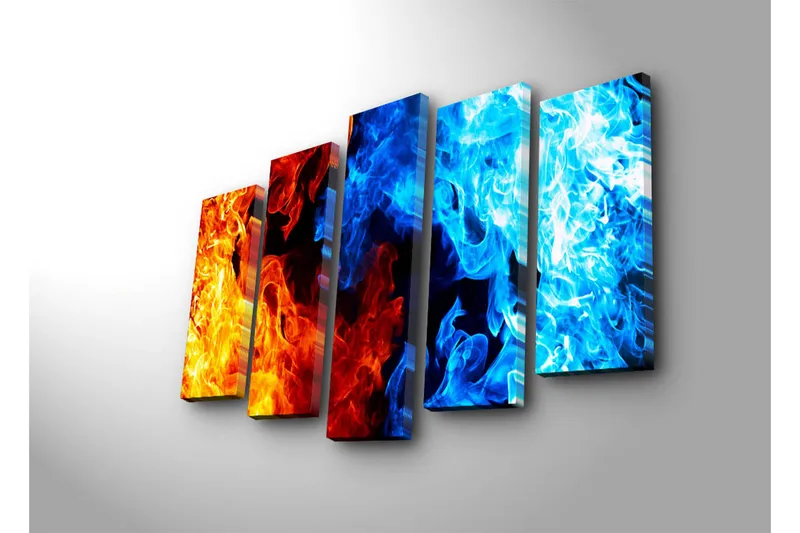 Stort lerretsbilde i 5 deler 105x70 cm - Dynamisk komposisjon av ild og vann i abstrakt form - Oransje / Blå / Rød - Innredning - Bilder & kunst - Lerretsbilder