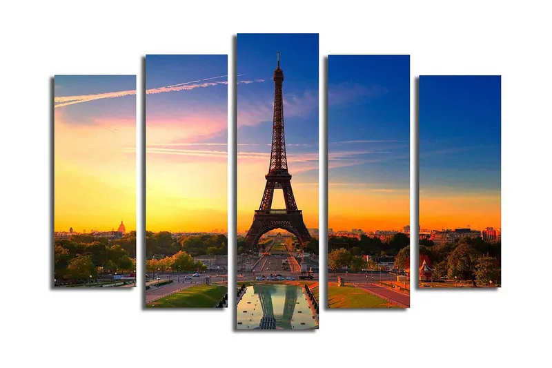 Stort lerretsbilde i 5 deler 105x70 cm - Eiffeltårnet mot en fargerik solnedgang - Oransje / Blå / Grønn - Innredning - Bilder & kunst - Lerretsbilder