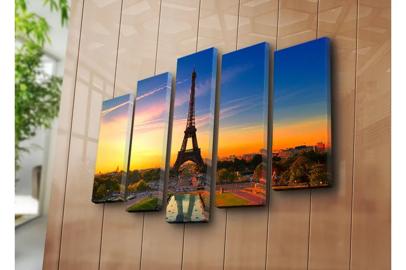 Stort lerretsbilde i 5 deler 105x70 cm - Eiffeltårnet mot en fargerik solnedgang - Oransje / Blå / Grønn - Innredning - Bilder & kunst - Lerretsbilder