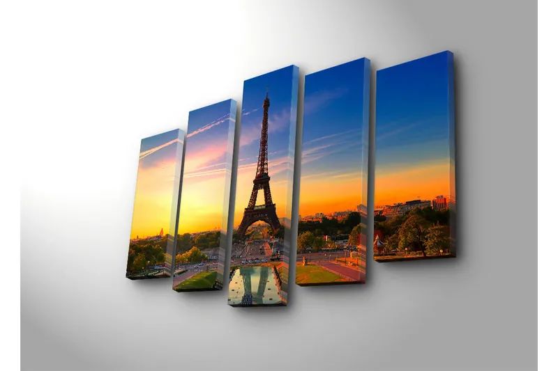 Stort lerretsbilde i 5 deler 105x70 cm - Eiffeltårnet mot en fargerik solnedgang - Oransje / Blå / Grønn - Innredning - Bilder & kunst - Lerretsbilder