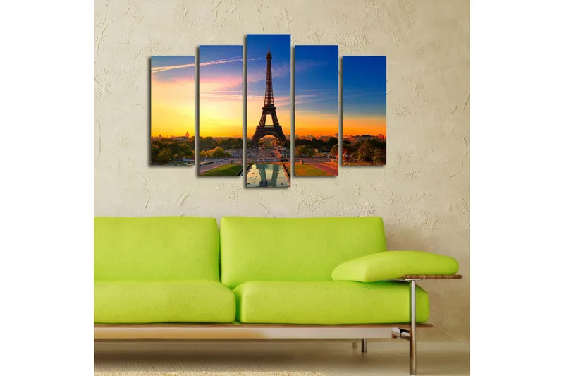 Stort lerretsbilde i 5 deler 105x70 cm - Eiffeltårnet mot en fargerik solnedgang - Oransje / Blå / Grønn - Innredning - Bilder & kunst - Lerretsbilder