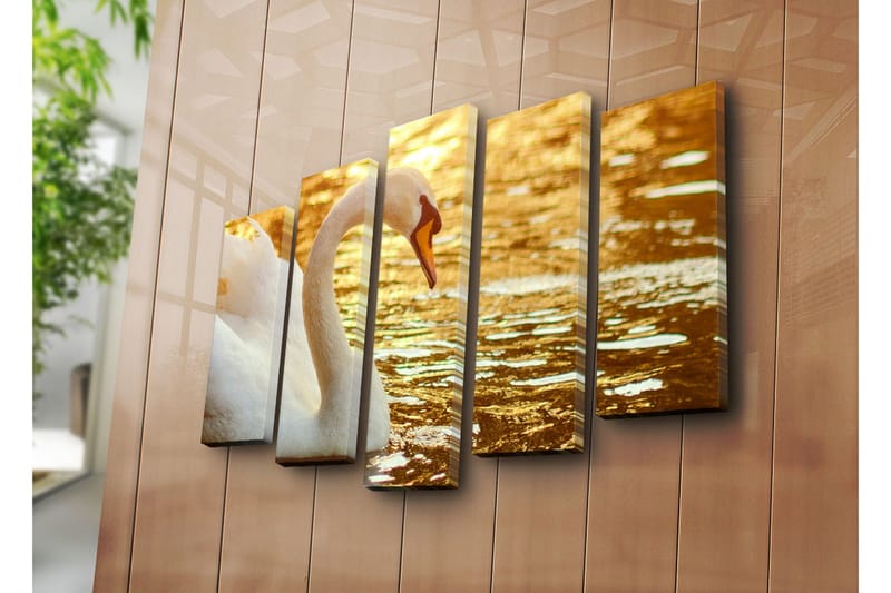 Stort lerretsbilde i 5 deler 105x70 cm - Elegant svane ved vannoverflaten - Hvit / Gull / Oransje - Innredning - Bilder & kunst - Lerretsbilder