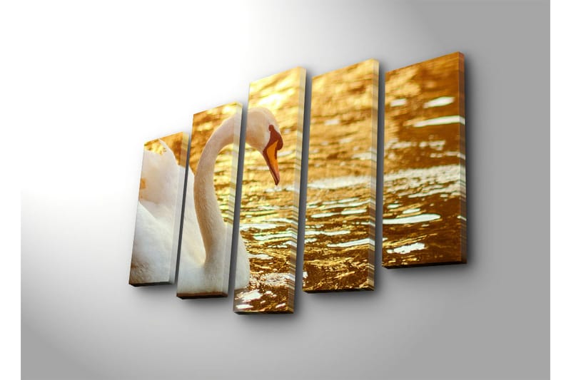 Stort lerretsbilde i 5 deler 105x70 cm - Elegant svane ved vannoverflaten - Hvit / Gull / Oransje - Innredning - Bilder & kunst - Lerretsbilder