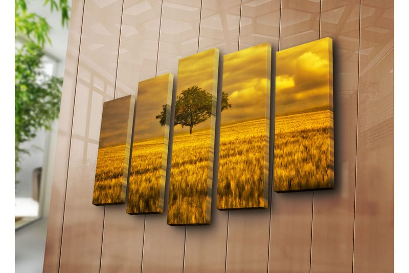 Stort lerretsbilde i 5 deler 105x70 cm - Ensom trekrone i et gyllent felt - Gull / Grønn / Beige - Innredning - Bilder & kunst - Lerretsbilder