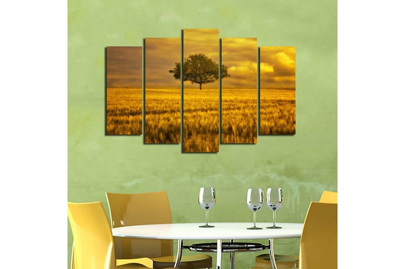 Stort lerretsbilde i 5 deler 105x70 cm - Ensom trekrone i et gyllent felt - Gull / Grønn / Beige - Innredning - Bilder & kunst - Lerretsbilder