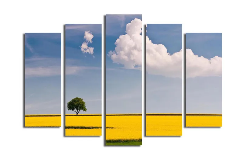 Stort lerretsbilde i 5 deler 105x70 cm - Ensomt tre i en gyllen rapsåker under en klar blå himmel - Gul / Grønn / Blå - Innredning - Bilder & kunst - Lerretsbilder