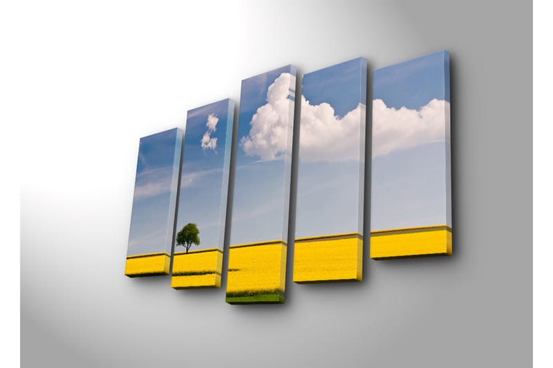 Stort lerretsbilde i 5 deler 105x70 cm - Ensomt tre i en gyllen rapsåker under en klar blå himmel - Gul / Grønn / Blå - Innredning - Bilder & kunst - Lerretsbilder