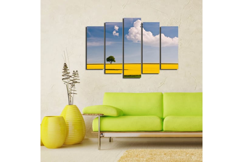Stort lerretsbilde i 5 deler 105x70 cm - Ensomt tre i en gyllen rapsåker under en klar blå himmel - Gul / Grønn / Blå - Innredning - Bilder & kunst - Lerretsbilder