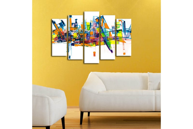 Stort lerretsbilde i 5 deler 105x70 cm - Fargerik abstrakt bybilde med geometriske former - Blå / Oransje / Grønn - Innredning - Bilder & kunst - Lerretsbilder