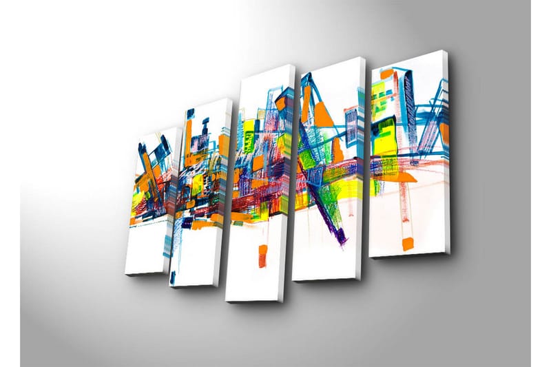 Stort lerretsbilde i 5 deler 105x70 cm - Fargerik abstrakt bybilde med geometriske former - Blå / Oransje / Grønn - Innredning - Bilder & kunst - Lerretsbilder