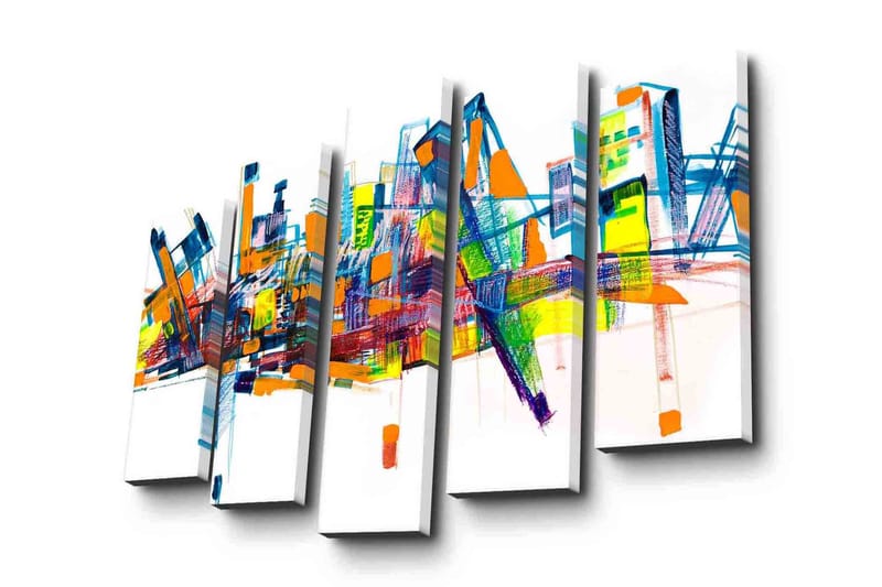 Stort lerretsbilde i 5 deler 105x70 cm - Fargerik abstrakt bybilde med geometriske former - Blå / Oransje / Grønn - Innredning - Bilder & kunst - Lerretsbilder