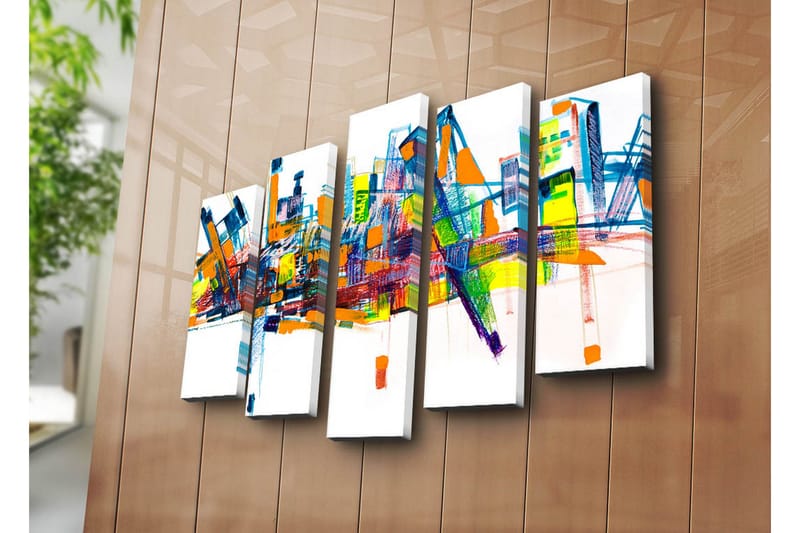 Stort lerretsbilde i 5 deler 105x70 cm - Fargerik abstrakt bybilde med geometriske former - Blå / Oransje / Grønn - Innredning - Bilder & kunst - Lerretsbilder