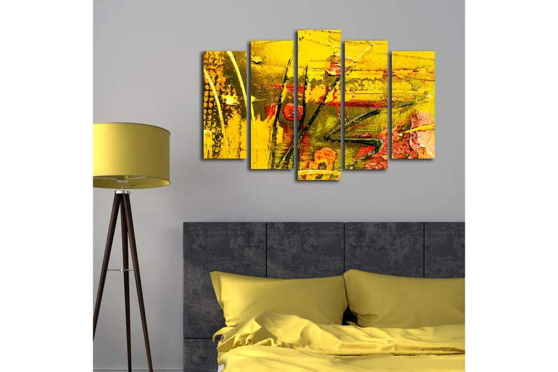 Stort lerretsbilde i 5 deler 105x70 cm - Fargerik abstrakt komposisjon med elementer av gult og rødt - Gul / Rød / Grønn - Innredning - Bilder & kunst - Lerretsbilder