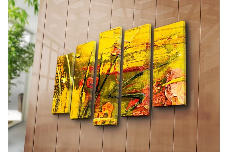 Stort lerretsbilde i 5 deler 105x70 cm - Fargerik abstrakt komposisjon med elementer av gult og rødt - Gul / Rød / Grønn - Innredning - Bilder & kunst - Lerretsbilder