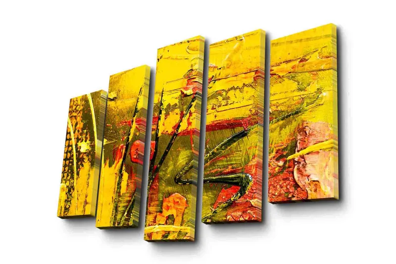 Stort lerretsbilde i 5 deler 105x70 cm - Fargerik abstrakt komposisjon med elementer av gult og rødt - Gul / Rød / Grønn - Innredning - Bilder & kunst - Lerretsbilder