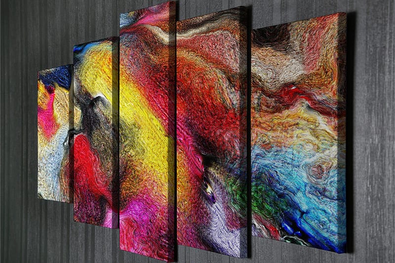 Stort lerretsbilde i 5 deler 105x70 cm - Fargerik abstrakt komposisjon med feiende former - Rød / Gul / Blå - Innredning - Bilder & kunst - Lerretsbilder