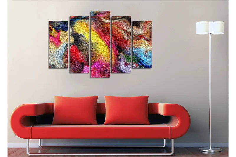 Stort lerretsbilde i 5 deler 105x70 cm - Fargerik abstrakt komposisjon med feiende former - Rød / Gul / Blå - Innredning - Bilder & kunst - Lerretsbilder