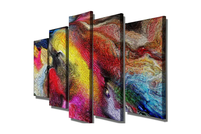 Stort lerretsbilde i 5 deler 105x70 cm - Fargerik abstrakt komposisjon med feiende former - Rød / Gul / Blå - Innredning - Bilder & kunst - Lerretsbilder