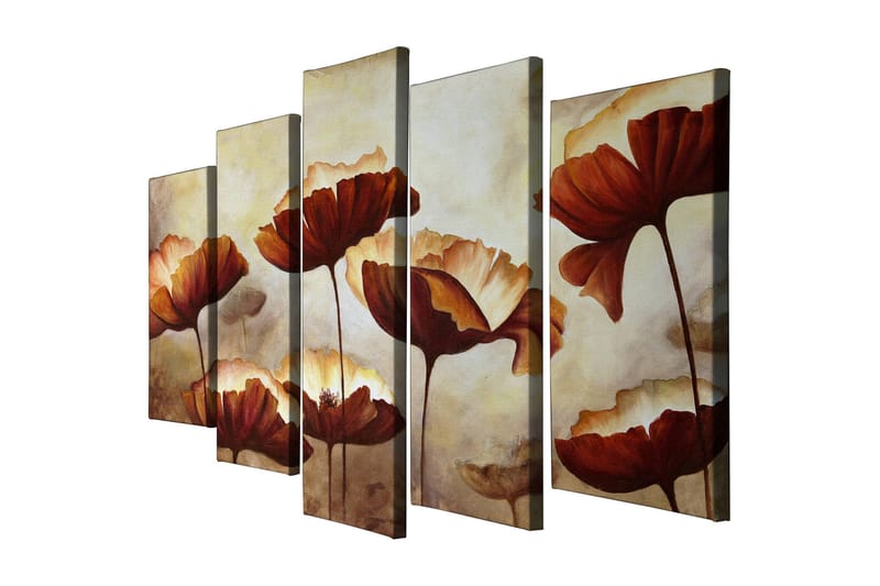 Stort lerretsbilde i 5 deler 105x70 cm - Fargerik blomsterbukett i varme toner - Rød / Beige / Brun - Innredning - Bilder & kunst - Lerretsbilder