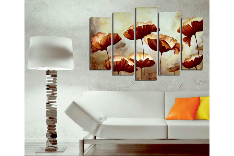 Stort lerretsbilde i 5 deler 105x70 cm - Fargerik blomsterbukett i varme toner - Rød / Beige / Brun - Innredning - Bilder & kunst - Lerretsbilder