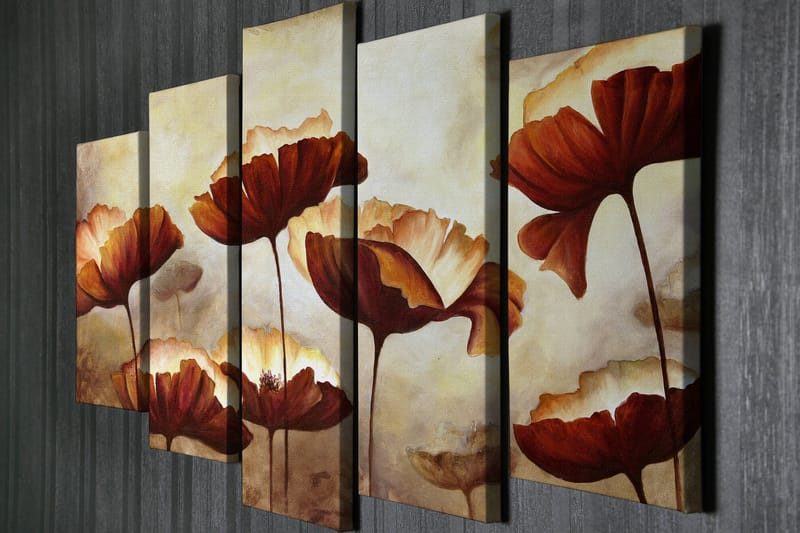 Stort lerretsbilde i 5 deler 105x70 cm - Fargerik blomsterbukett i varme toner - Rød / Beige / Brun - Innredning - Bilder & kunst - Lerretsbilder