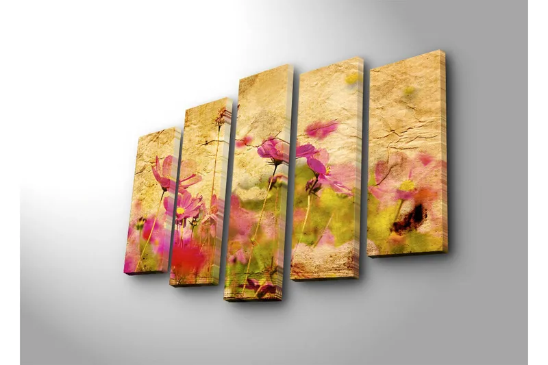 Stort lerretsbilde i 5 deler 105x70 cm - Fargerik blomstereng med rosa blomster - Rosa / Gul / Grønn - Innredning - Bilder & kunst - Lerretsbilder