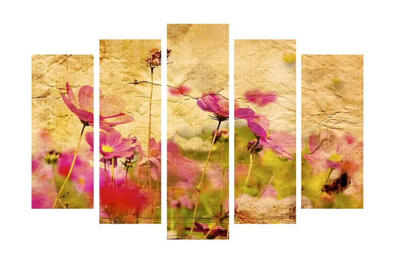 Stort lerretsbilde i 5 deler 105x70 cm - Fargerik blomstereng med rosa blomster - Rosa / Gul / Grønn - Innredning - Bilder & kunst - Lerretsbilder