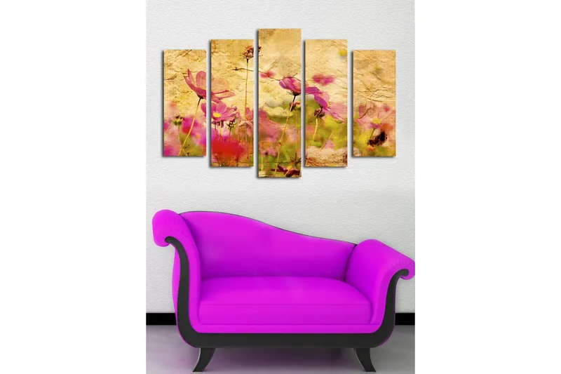 Stort lerretsbilde i 5 deler 105x70 cm - Fargerik blomstereng med rosa blomster - Rosa / Gul / Grønn - Innredning - Bilder & kunst - Lerretsbilder