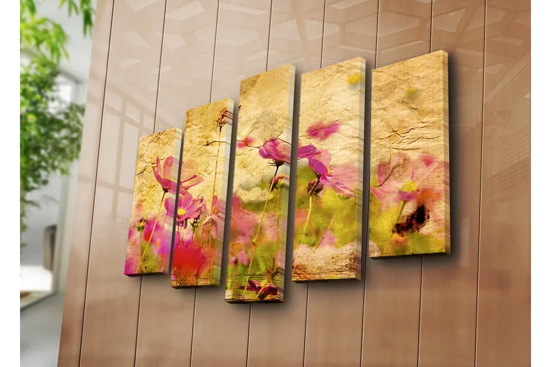 Stort lerretsbilde i 5 deler 105x70 cm - Fargerik blomstereng med rosa blomster - Rosa / Gul / Grønn - Innredning - Bilder & kunst - Lerretsbilder